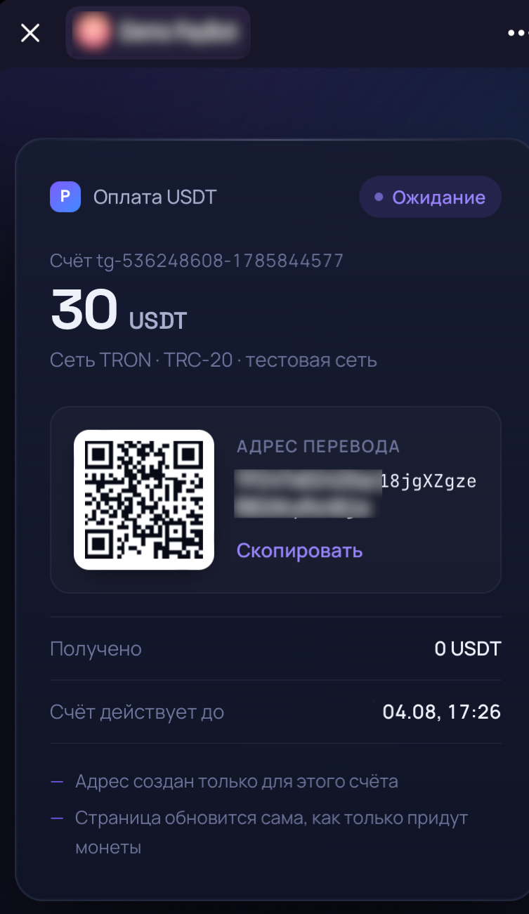 Экран оплаты в мини-приложении Telegram